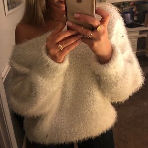 White off the shoulder fuzzy sweater